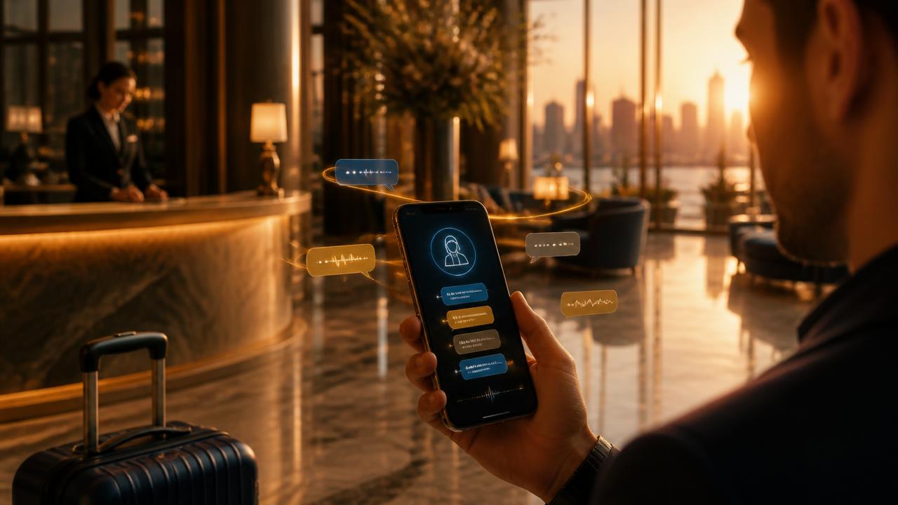 Otel lobisinde misafir, telefonundan çok dilli AI Concierge ile sohbet ediyor