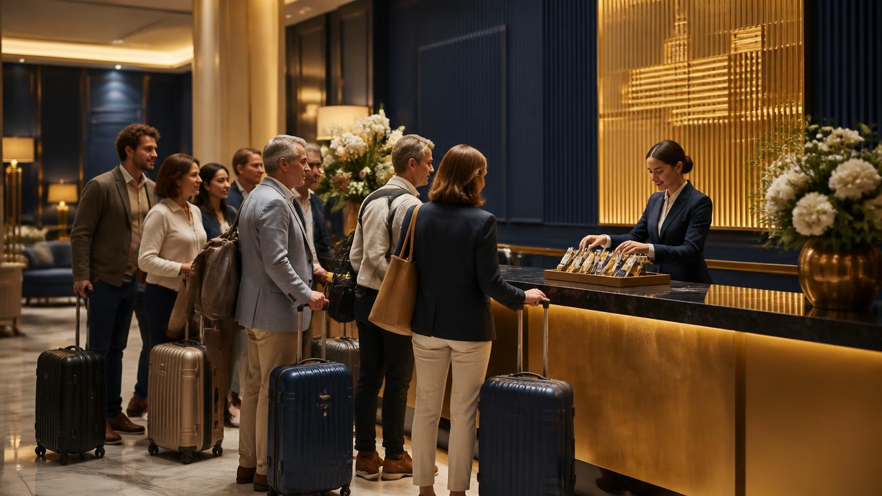 Lüks otel resepsiyonunda valizleriyle bekleyen kalabalık grup ve oda anahtarları